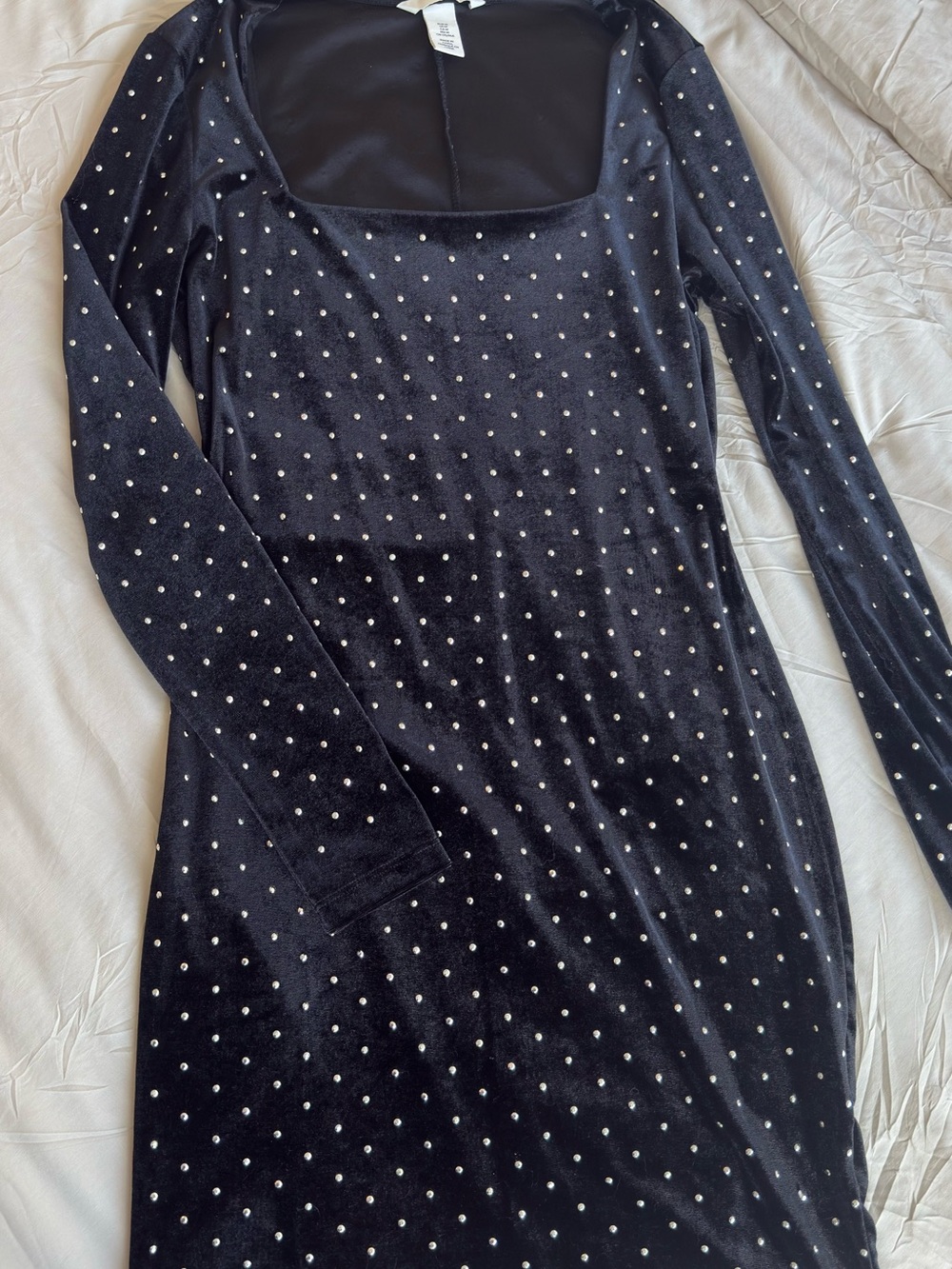 H&M Black Velvet Long-Sleeve Dress with Crystal Dot Embellishments